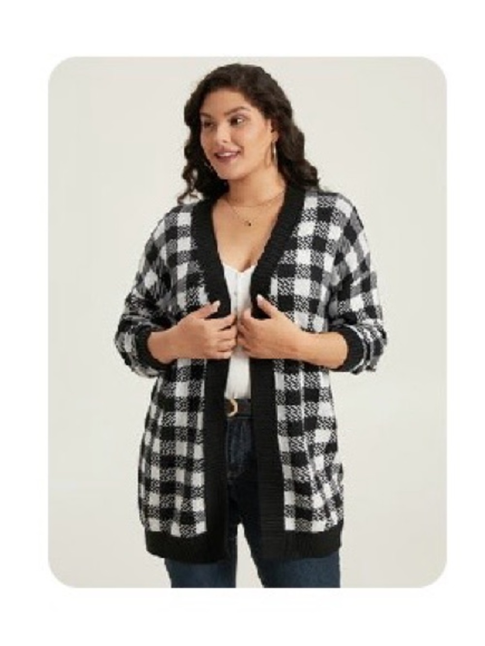 Black & White Buffalo Check Plaid Open-Front Cardigan